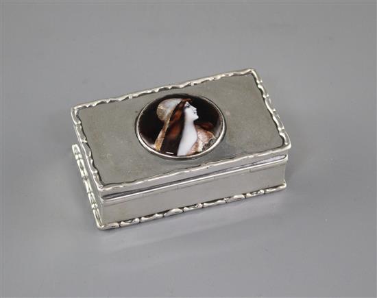 An Edwardian silver and enamelled cabochon set rectangular box and hinged cover, the enamel decorated with the bust of a lady